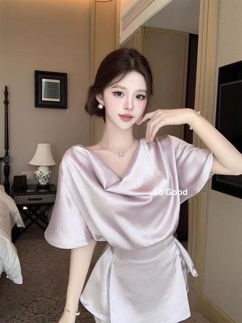 Cowl Neckline Short Sleeves Tie Tops With Skirts Sets